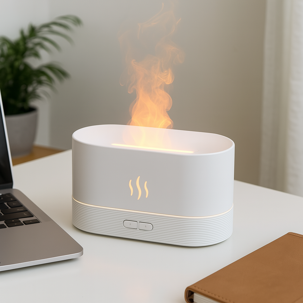 FlameMist – Diffusore Aromatico ad Ultrasuoni con Effetto Fiamma LED e Design Elegante per Ambienti Moderni