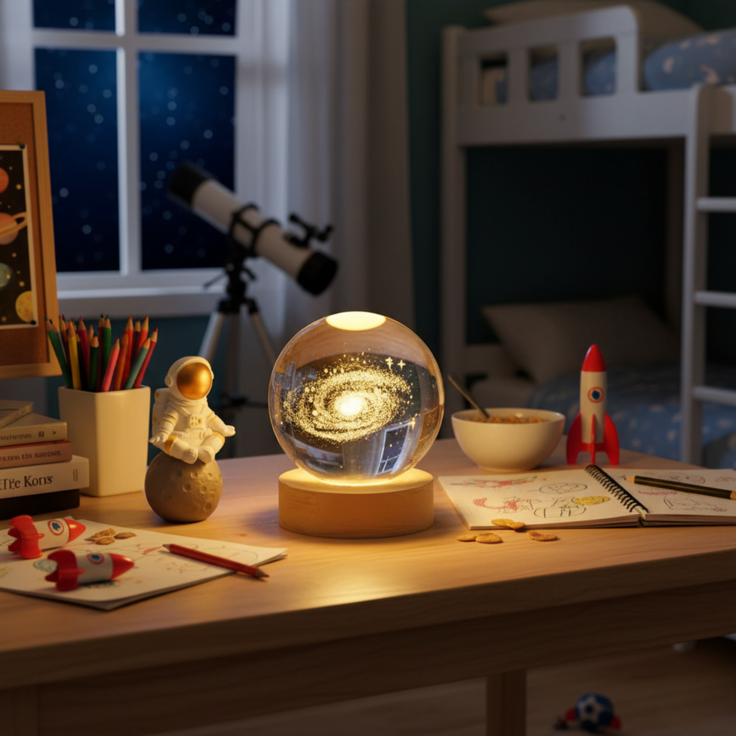 CosmoLight – Lampada Notturna Decorativa con Sfera Galattica e Base in Legno Elegante