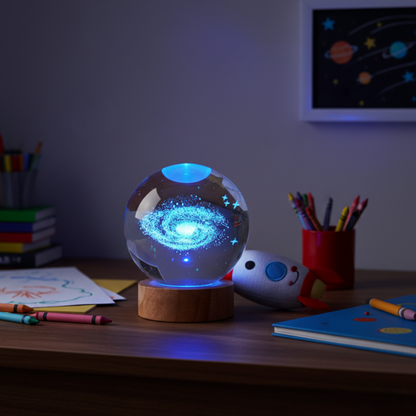 CosmoLight – Lampada Notturna Decorativa con Sfera Galattica e Base in Legno Elegante