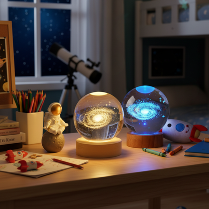 CosmoLight – Lampada Notturna Decorativa con Sfera Galattica e Base in Legno Elegante