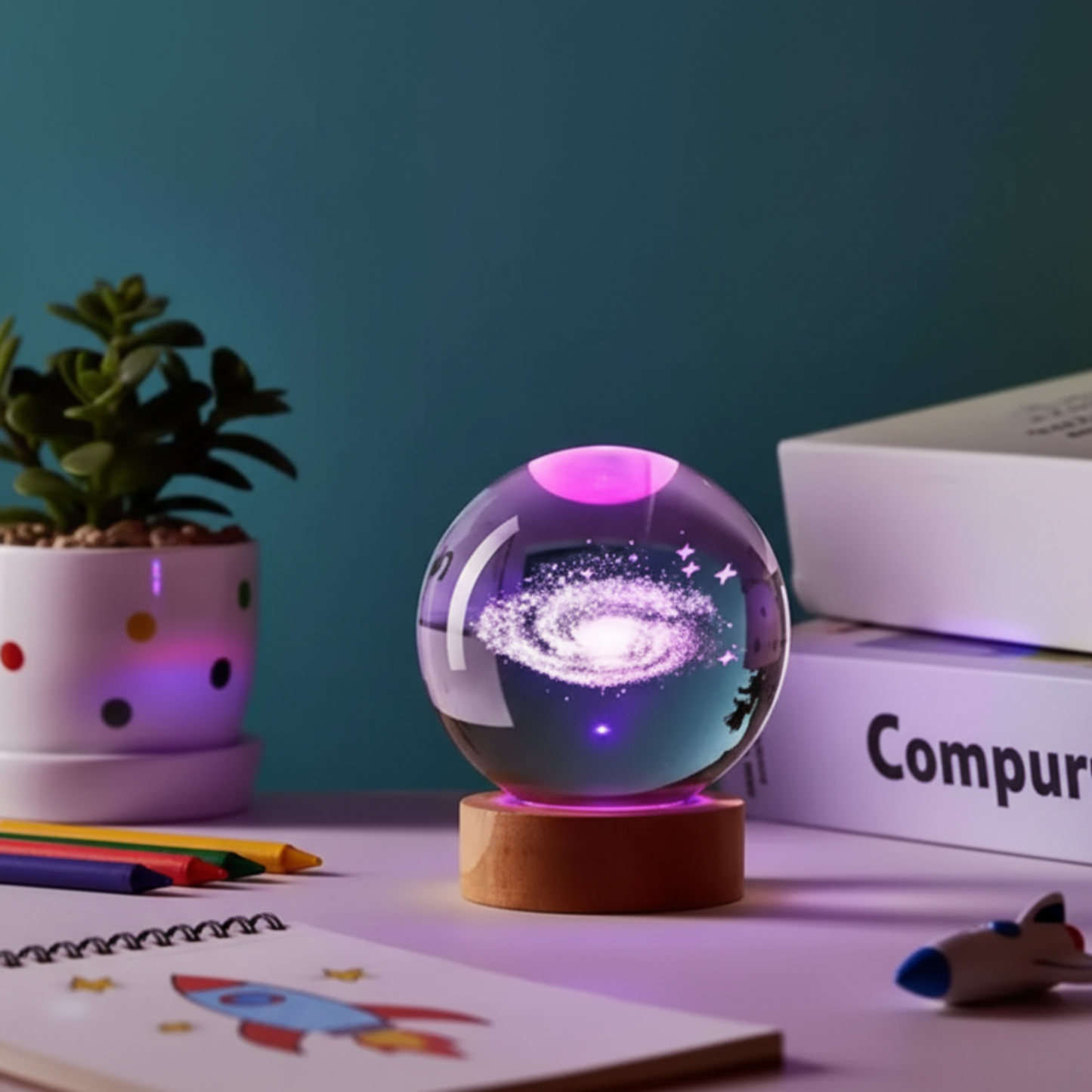 CosmoLight – Lampada Notturna Decorativa con Sfera Galattica e Base in Legno Elegante