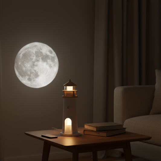 LumePort – Lampada Notturna con Proiezione Lunare e Design a Faro Moderno