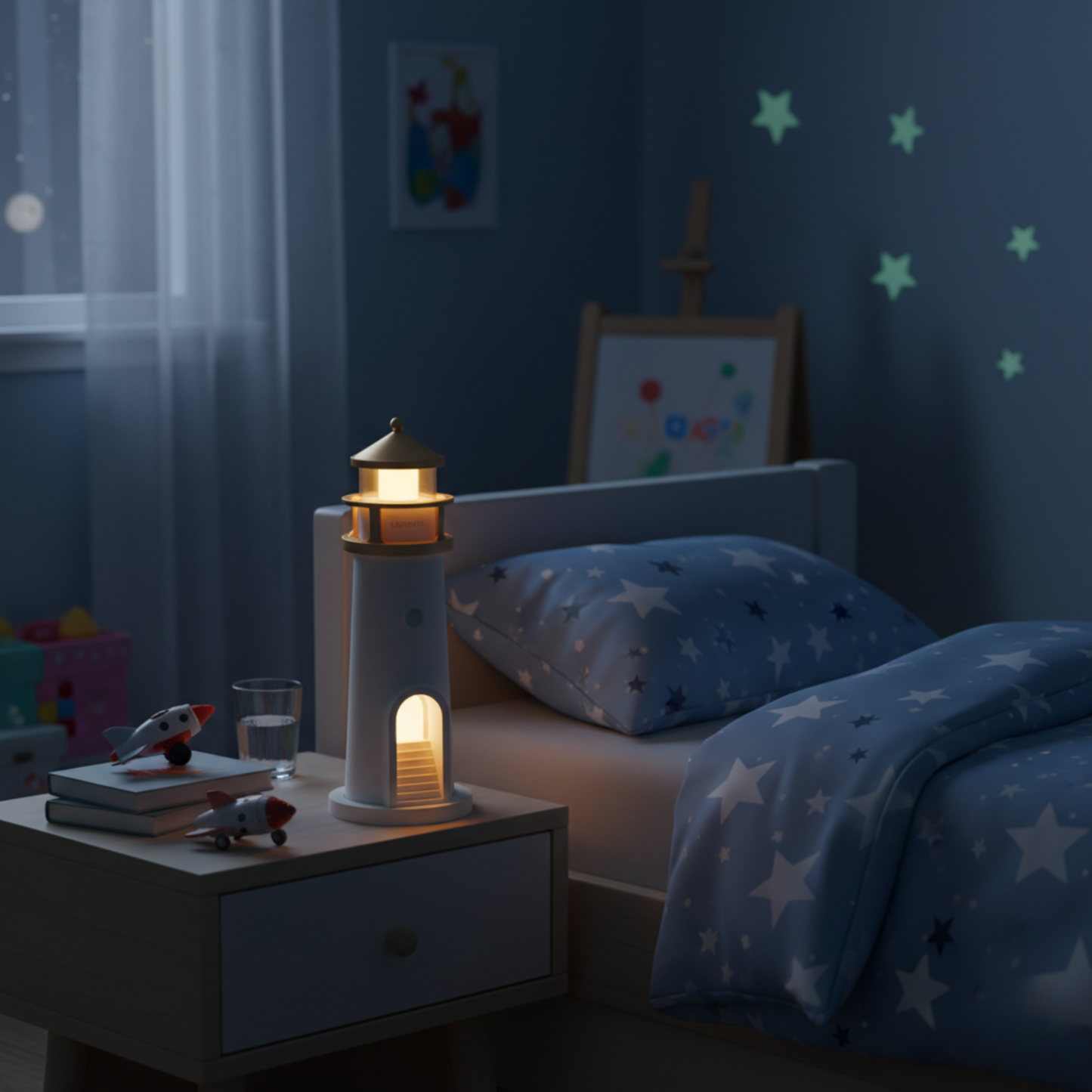 LumePort – Lampada Notturna con Proiezione Lunare e Design a Faro Moderno