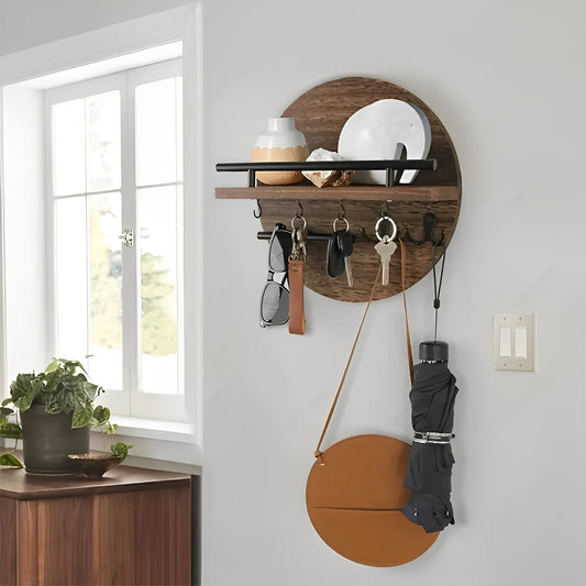 NordKey – Portachiavi da Parete in Stile Nordico con Ripiano e Ganci Multifunzione