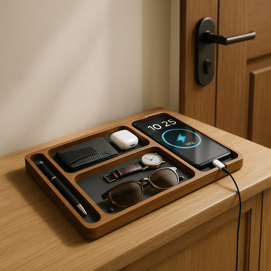 DeskCharge – Vassoio Organizzatore da Scrivania in Legno con Ricarica Wireless e Scomparti Multifunzionali