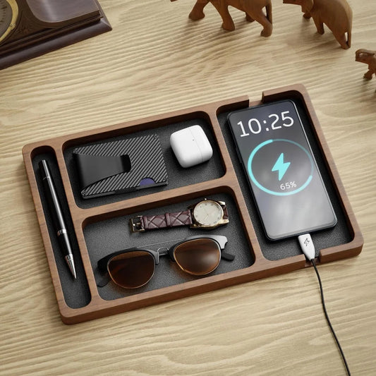 DeskCharge – Vassoio Organizzatore da Scrivania in Legno con Ricarica Wireless e Scomparti Multifunzionali