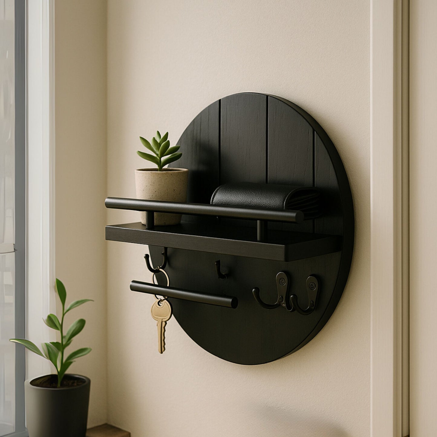 NordKey – Portachiavi da Parete in Stile Nordico con Ripiano e Ganci Multifunzione