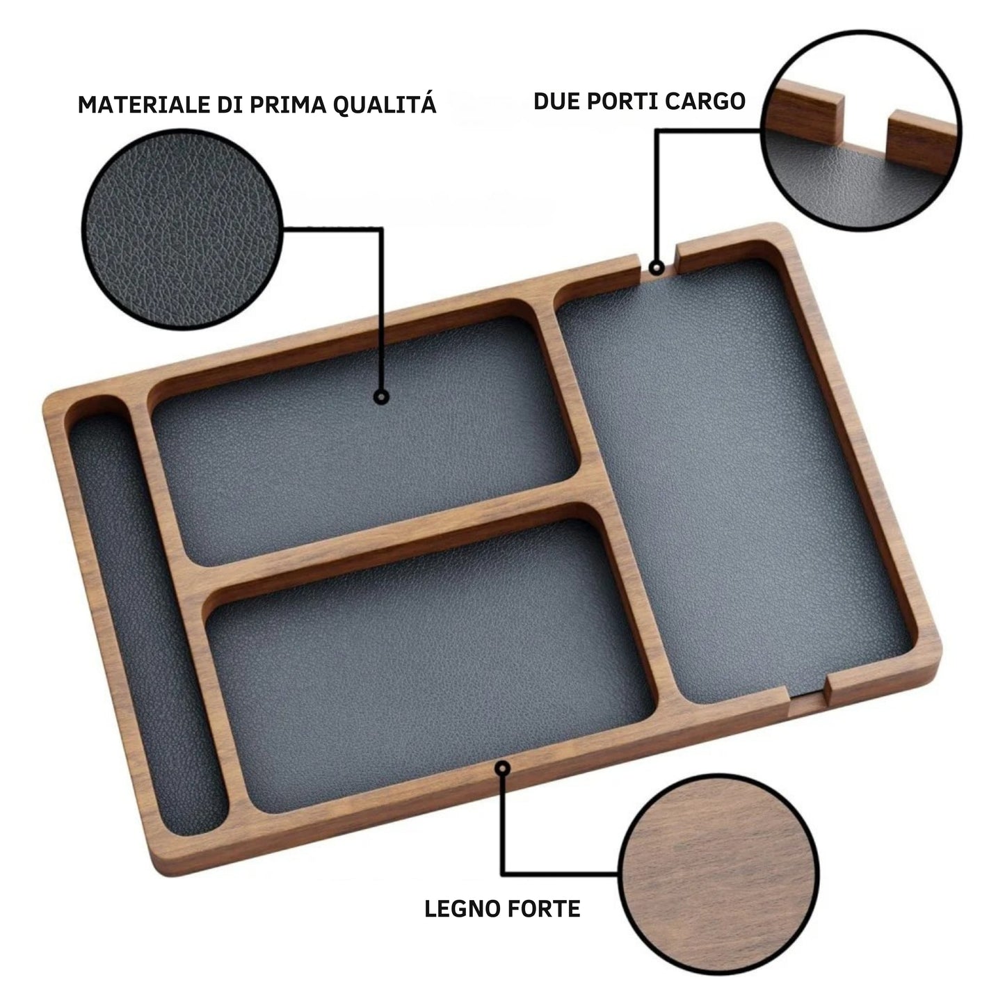 DeskCharge – Vassoio Organizzatore da Scrivania in Legno con Ricarica Wireless e Scomparti Multifunzionali
