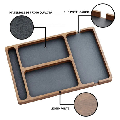 DeskCharge – Vassoio Organizzatore da Scrivania in Legno con Ricarica Wireless e Scomparti Multifunzionali