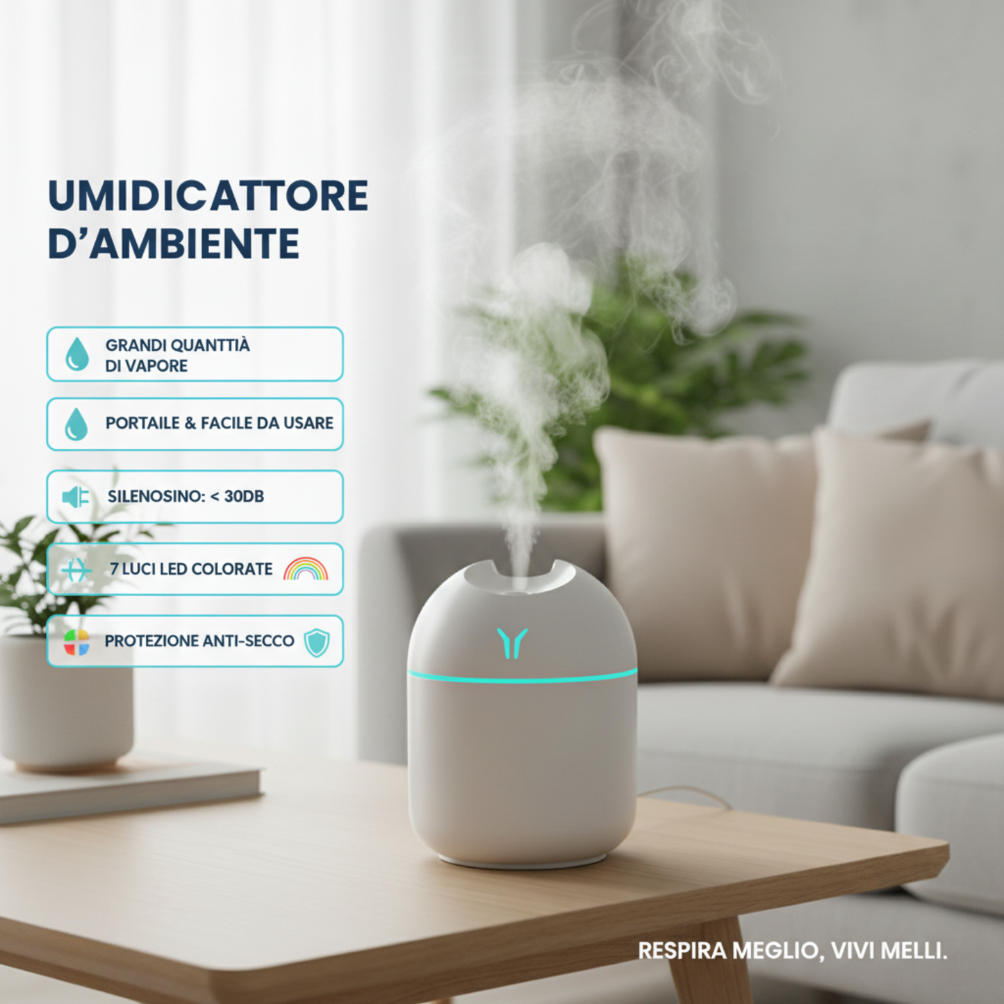 AquaBreeze – Umidificatore Portatile Silenzioso con Design Minimalista e Nebbia Rinfrescante