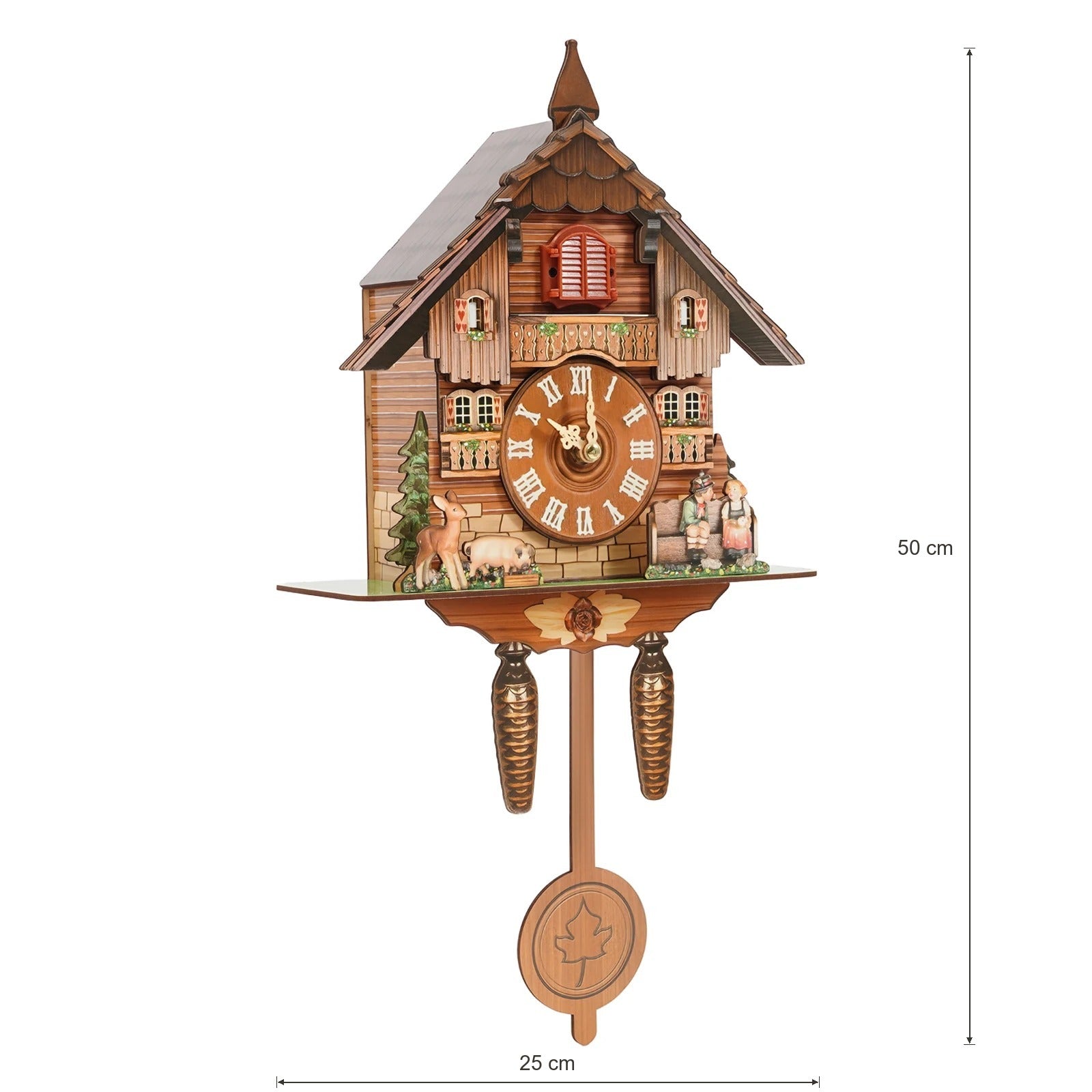Dimensioni dell'orologio a cucù AlpiNido: 25 cm di larghezza, 50 cm di altezza