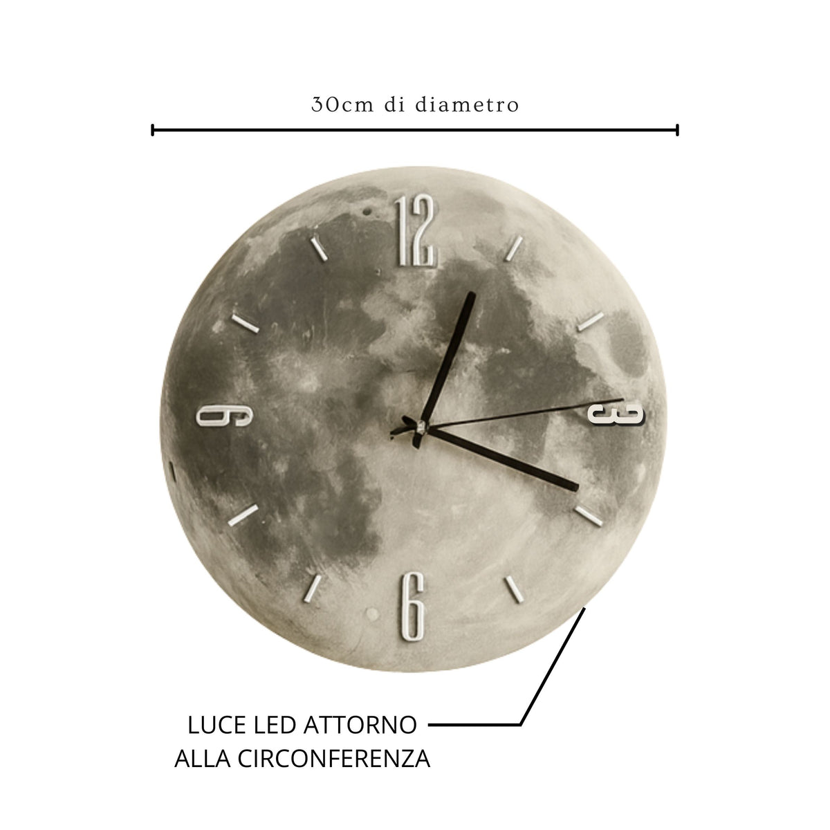 Orologio da parete LunaGlow con meccanismo silenzioso, montato a parete