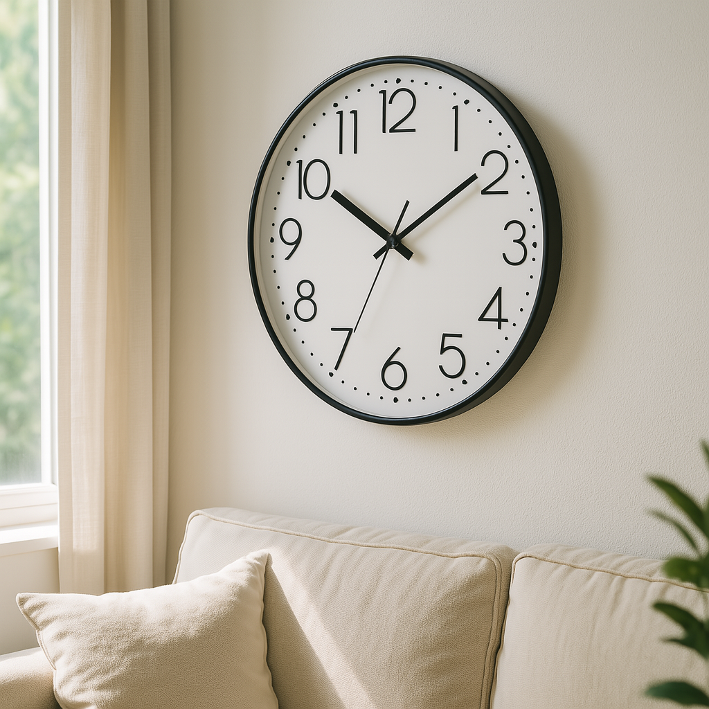 Orologio da parete SlimTick minimalista con numeri grandi, vista frontale