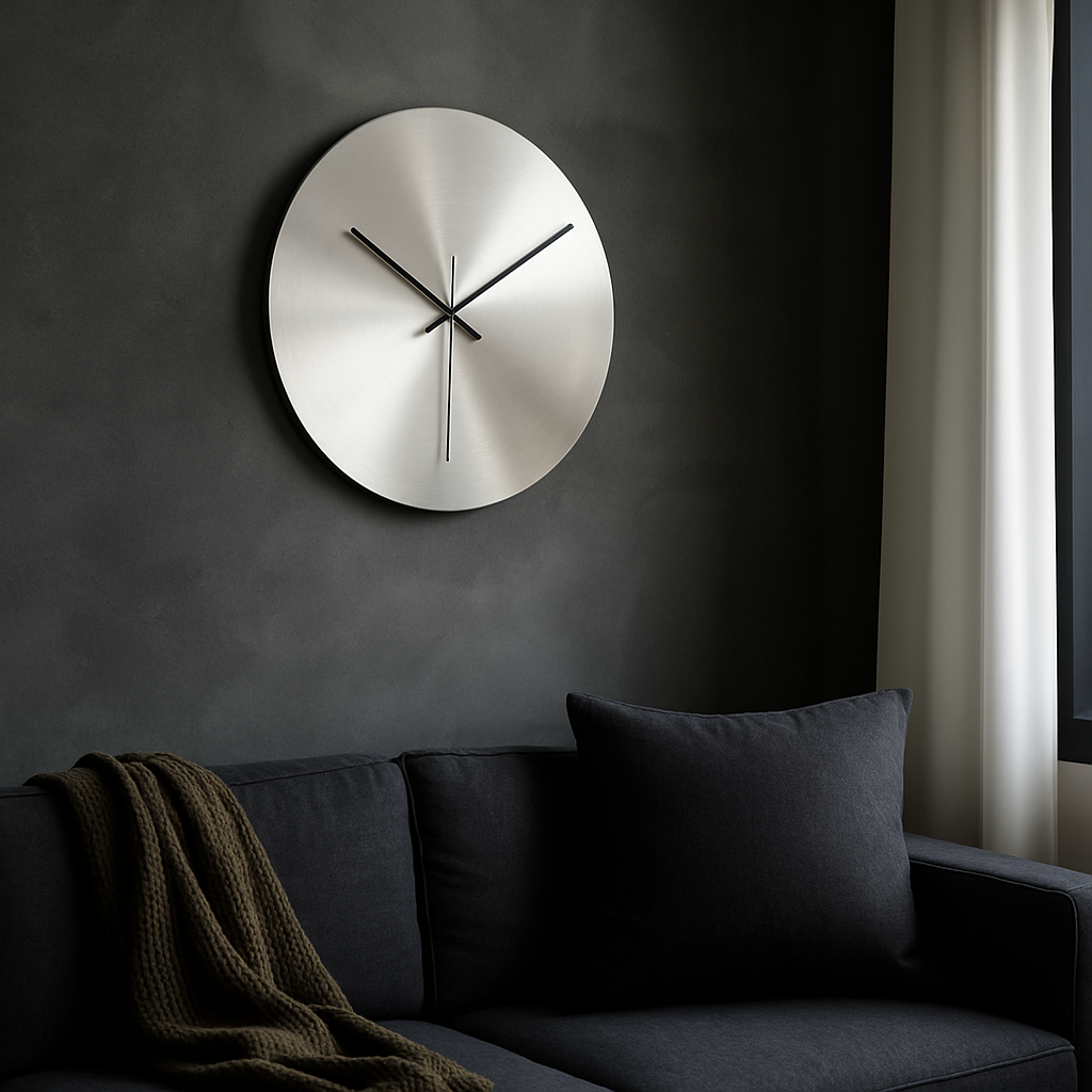 Orologio da parete SteelWhirl in acciaio spazzolato, vista frontale