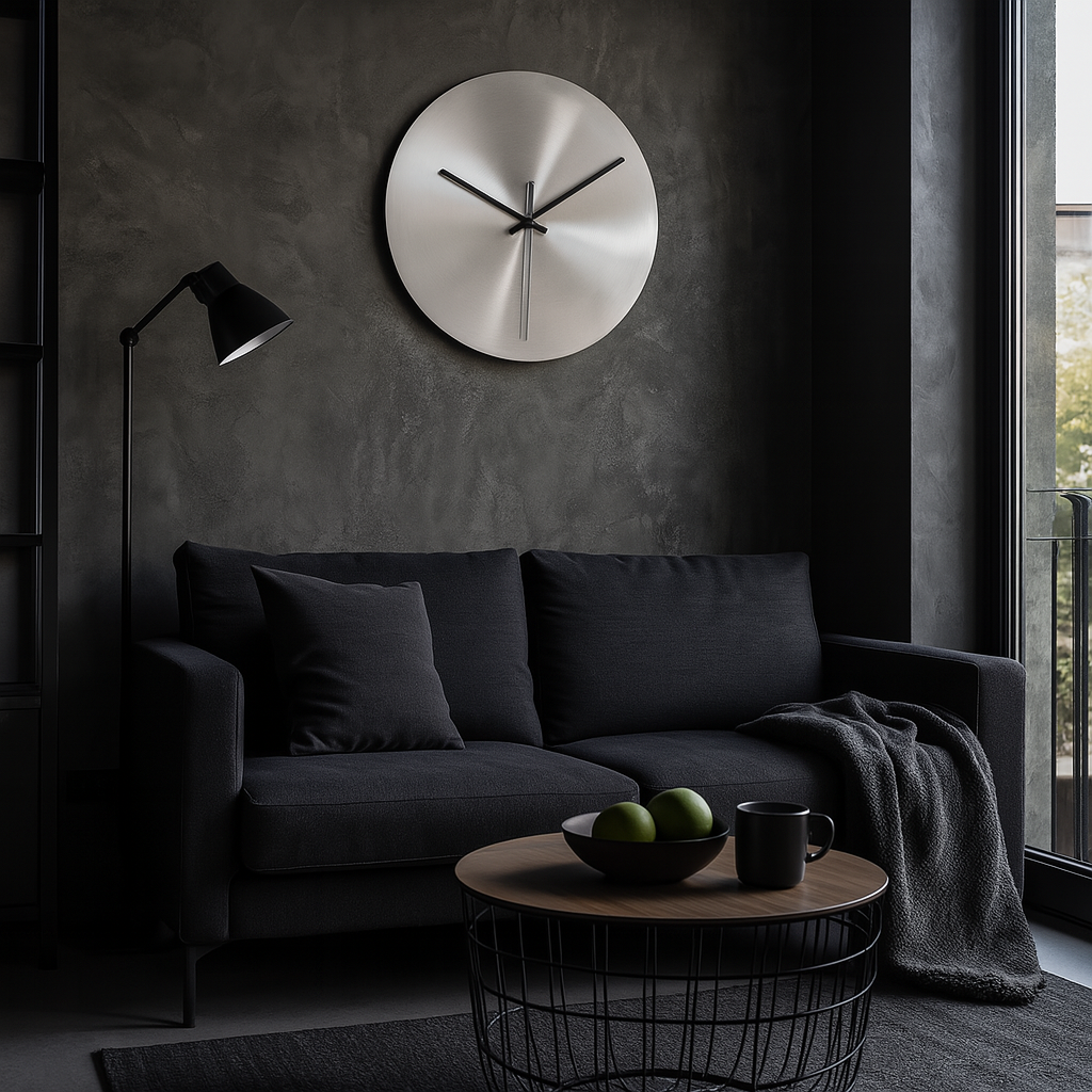 Orologio da parete SteelWhirl minimalista, dettaglio in acciaio