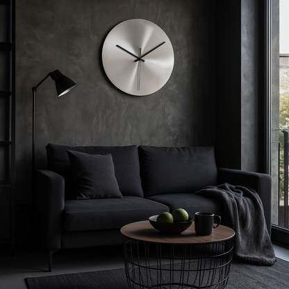 Orologio da parete SteelWhirl minimalista, dettaglio in acciaio
