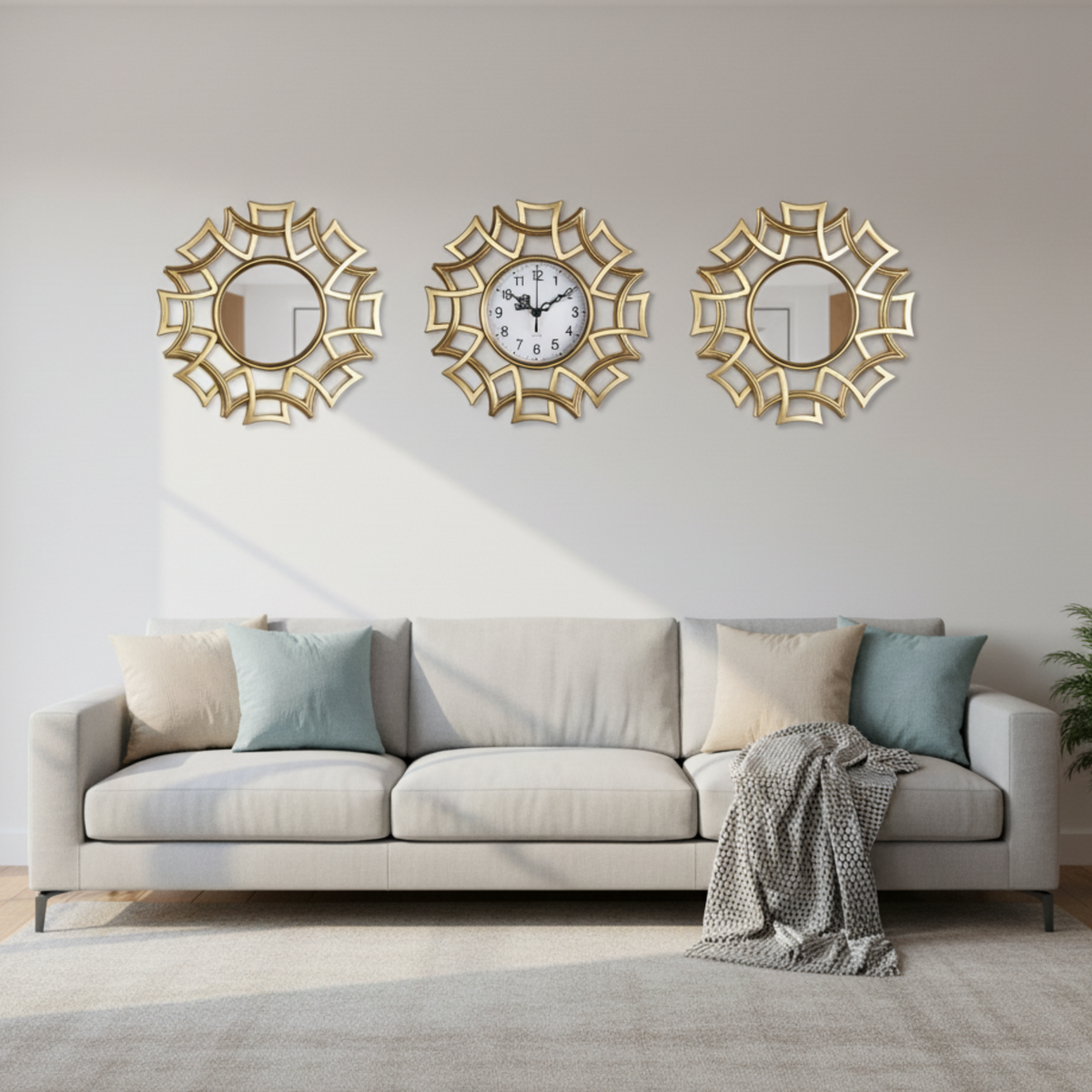 Set orologio da parete SunSet con specchi decorativi, vista frontale