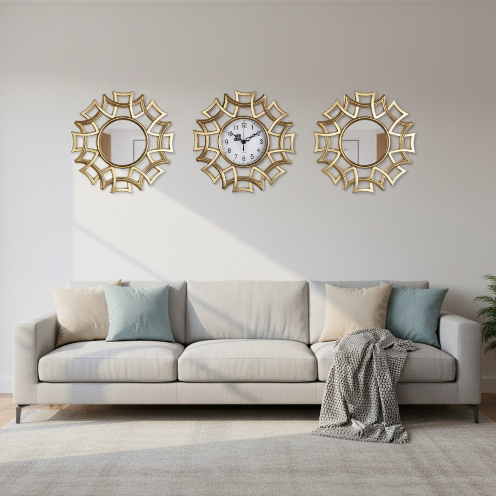 Set orologio da parete SunSet con specchi decorativi, vista frontale