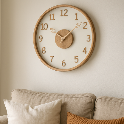 Orologio da parete WoodHush minimalista in legno, vista frontale
