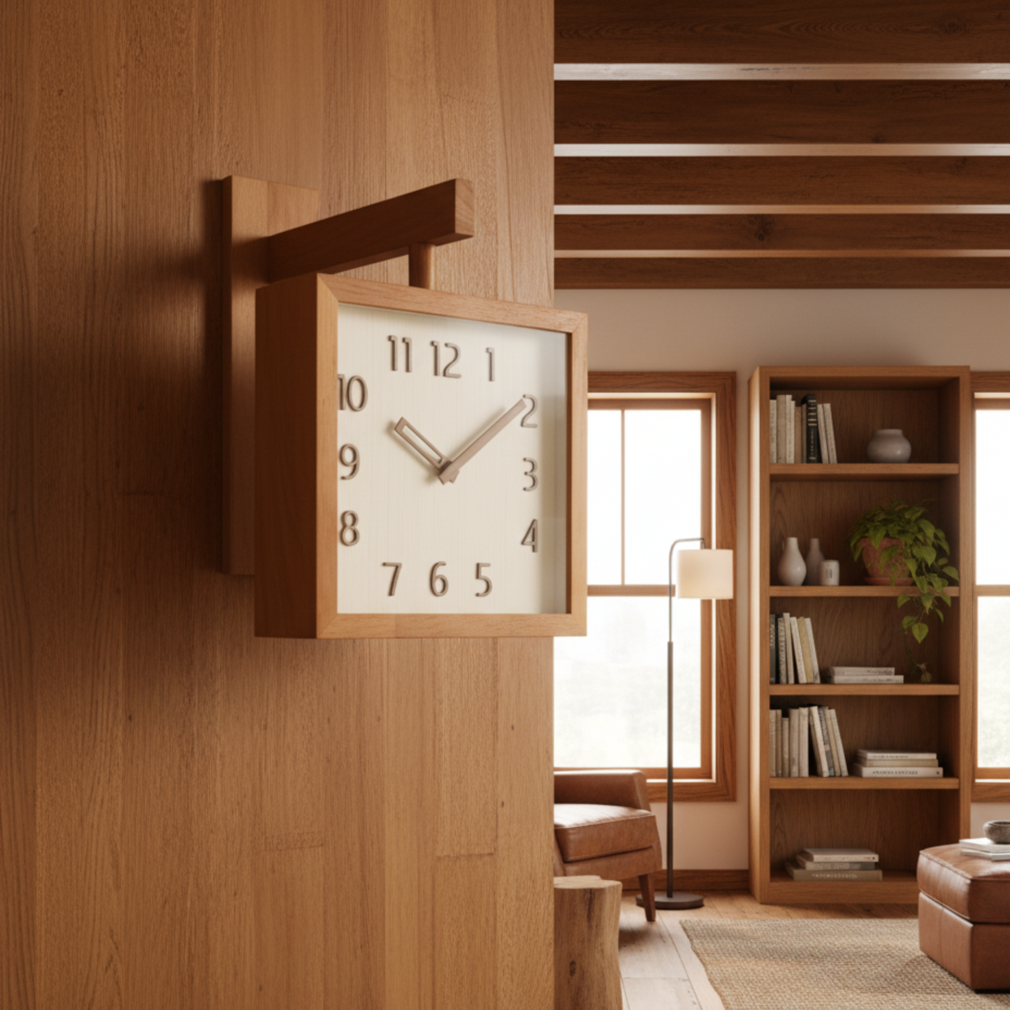 Orologio da parete WoodSpin rotante in stile moderno, vista frontale