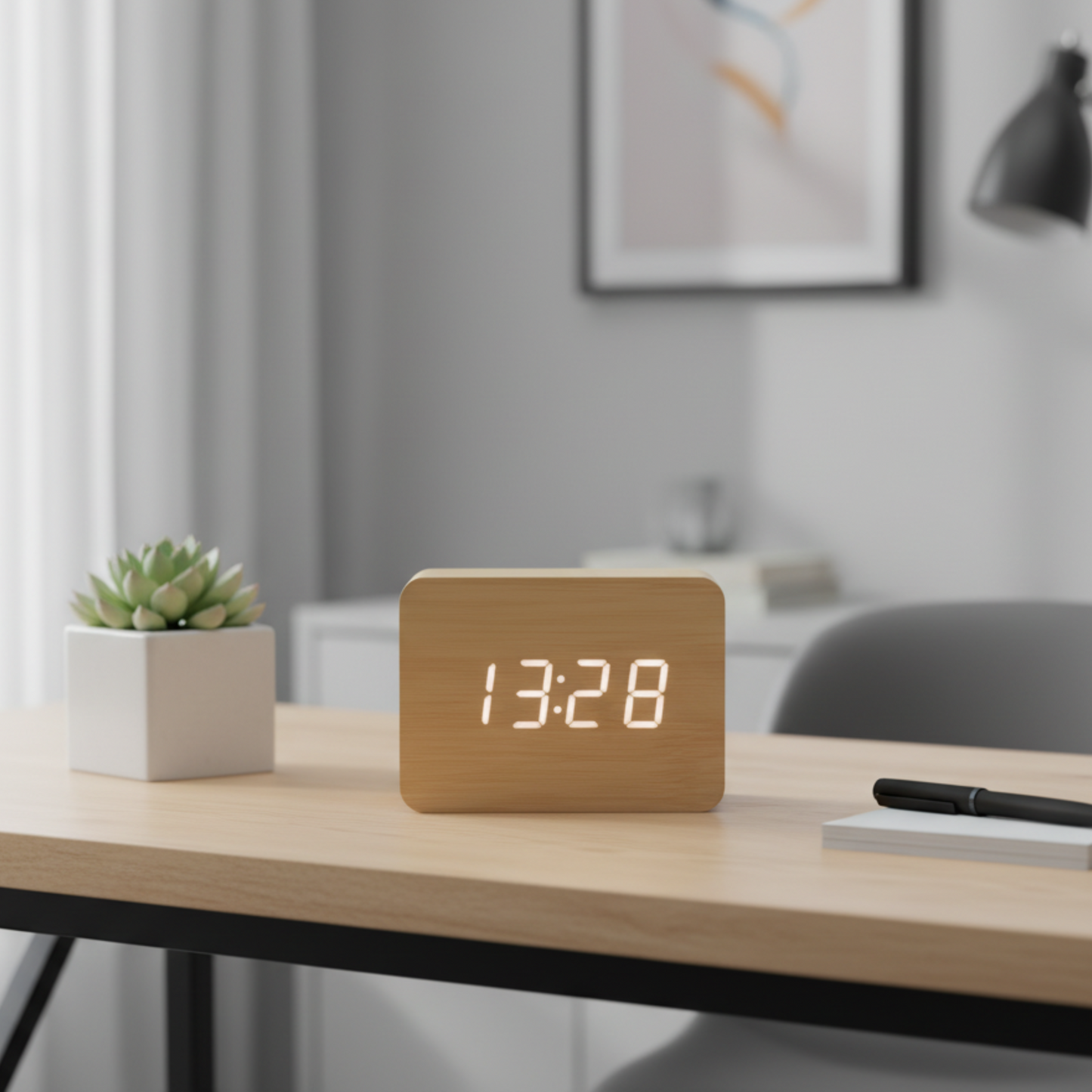 Orologio digitale da tavolo SilentWood con display LED, vista frontale