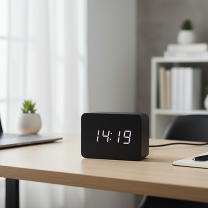 Orologio digitale da tavolo SilentWood in ambiente moderno