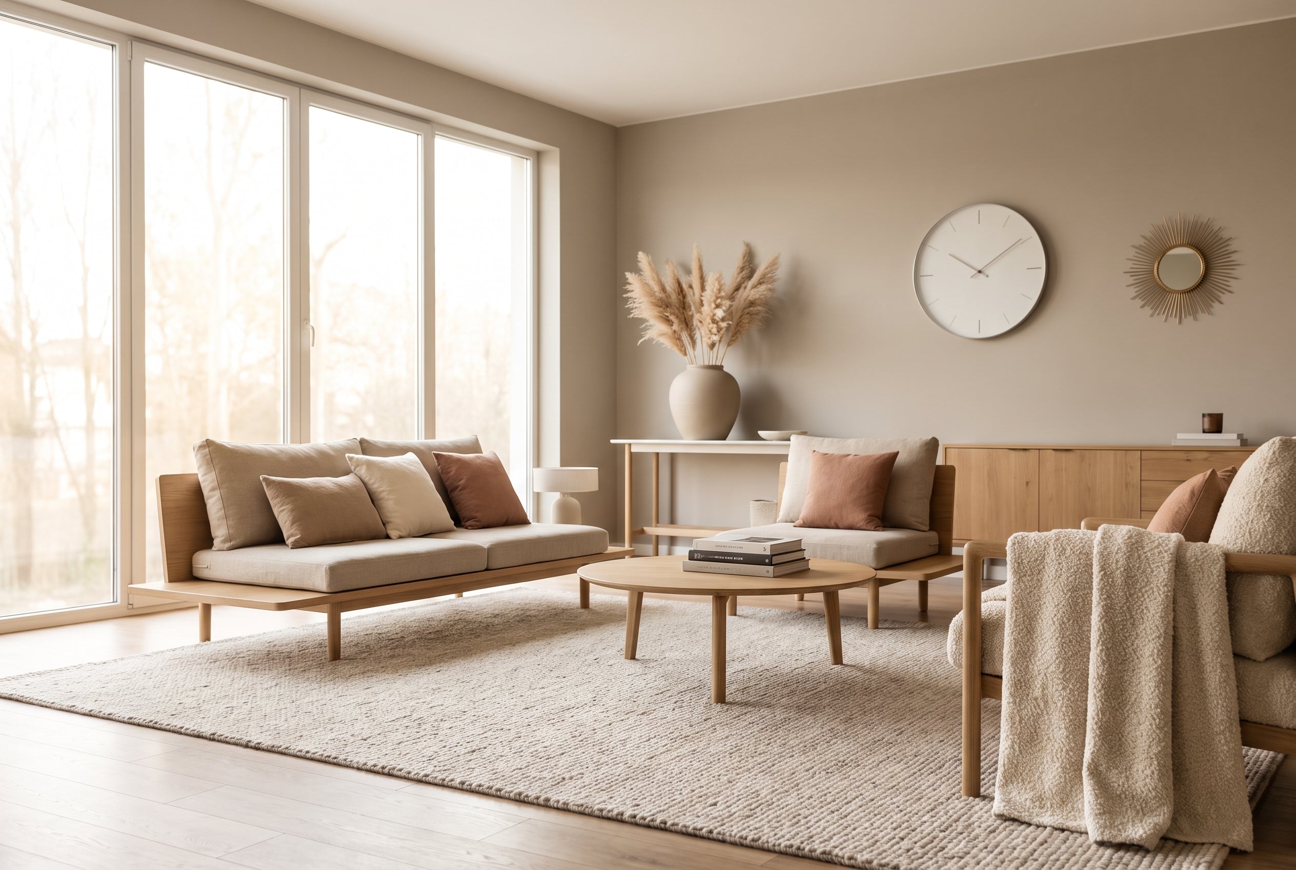 Soggiorno moderno arredato con stile caldo e minimalista — Decoraio