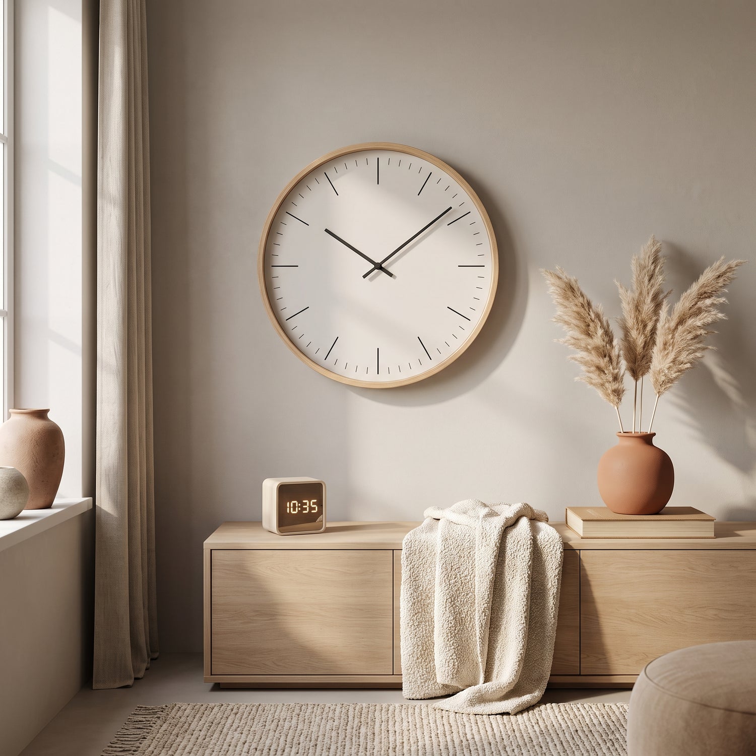 Orologio da parete di design Decoraio in un soggiorno moderno in stile Japandi
