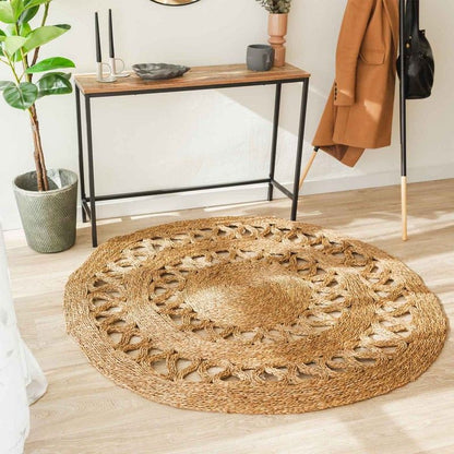 LoomCircle – Tappeto Rotondo in Rafia Naturale Intrecciata in Stile Boho per Arredo Moderno