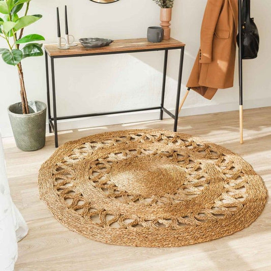 LoomCircle – Tappeto Rotondo in Rafia Naturale Intrecciata in Stile Boho per Arredo Moderno